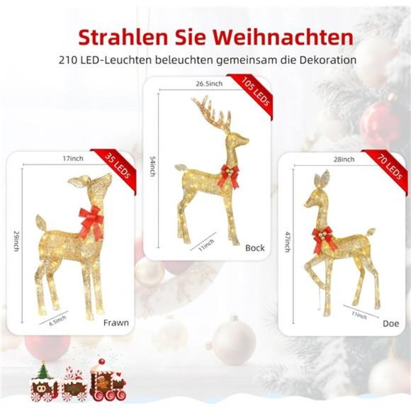 3 Piece,  Light up Christmas Decor Reindeer Family h with LED Lights - Gold - Picture 4 of 6